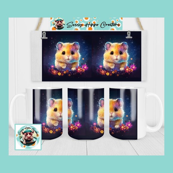 Ceramic Coffee Mug Neon Hamster Colorful Flowers 15oz Hand Sublimated - Picture 1 of 4